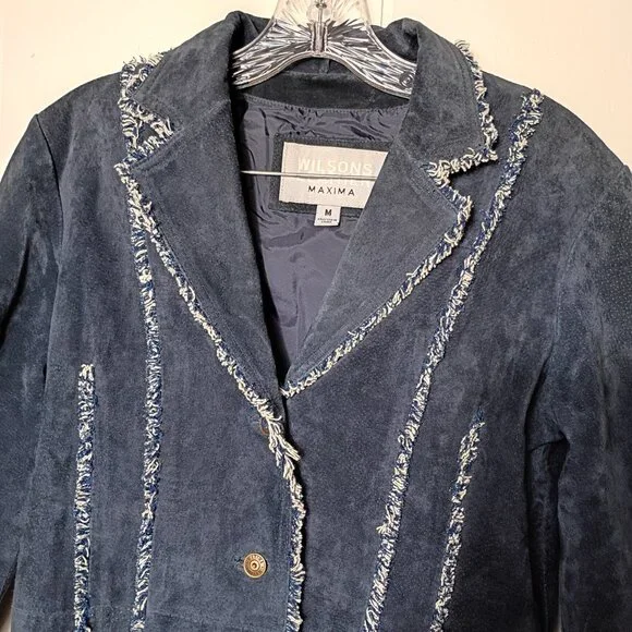 VTG Wilsons Leather Maxima Navy Blue Fringe Trench Coat Womens Medium Y2K 90s - Picture 5 of 7